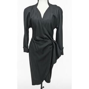 Vintage ICI Jacqueline Paris Black Wool Wrap Dress Structured Shoulders 38